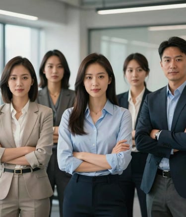 A confident professional team standing together in a modern, light-filled office space in North American / US, looking approachable and reliable.