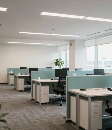 A bright and airy corporate office interior in North American / US, featuring clean lines, modern furniture, and subtle teal green accents, reflecting a professional and organized environment.