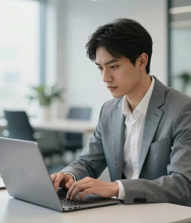 A focused professional in a modern Global / International office setting, working on a sleek laptop with a clean, blurred background. The scene is lit with soft, natural light, incorporating accents of Muted Blue and Off-white in the decor.