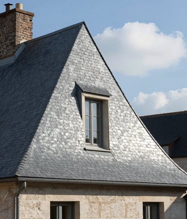 Professional architecture photography of a traditional house in a European French village with a pristine new slate roof, blue sky backdrop, clear morning light, Silver and Cloud color tones.