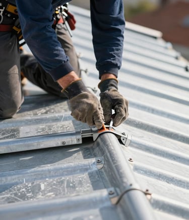 A close-up of a professional roofer in work clothes working on a zinc roof joint, European French setting, bright natural daylight, sharp focus on craftsmanship, color palette of Silver and Dark Blue.