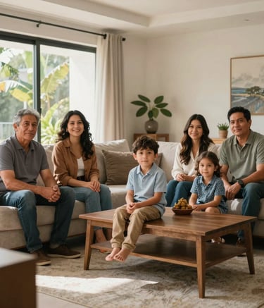 A Mexican family in a modern, sun-drenched living room with high-end furniture, looking relaxed and secure, representing the peace of mind provided by life and medical insurance.