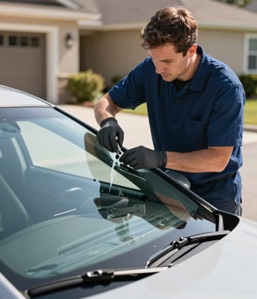 Professional photography of a technician in a clean uniform carefully working on a premium vehicle windshield in a bright North American driveway. The lighting is crisp and natural, highlighting the clarity of the glass and the sophisticated deep blue and muted grey tones of the equipment.