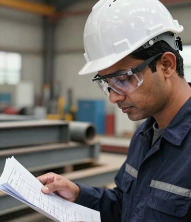 A close-up photograph of a South Asian professional engineer wearing a white hard hat and safety goggles, looking at technical drawings. In the background, a steel fabrication site is visible with soft bokeh. The lighting is bright and technical, highlighting the textures of steel grey equipment and dark blue uniforms.