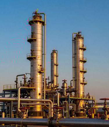 A wide-angle landscape photograph of an industrial oil refinery in India during the golden hour. A complex network of steel pipes and high-pressure valves dominate the scene, with the vibrant orange sunset reflecting off the metallic surfaces against a deep blue sky.