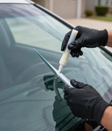 Close-up photography of a professional windshield replacement in progress in a North American driveway. Focused, gloved hands are carefully applying high-quality sealant to a crystal-clear glass edge. The lighting is bright and clean, emphasizing safety and precision with a modern, trustworthy feel.