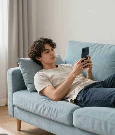 A peaceful scene of a person in a comfortable North American living room, leaning back on a light blue sofa while interacting with a mobile device. The lighting is soft and natural, emphasizing a modern and tranquil environment with off-white decor.