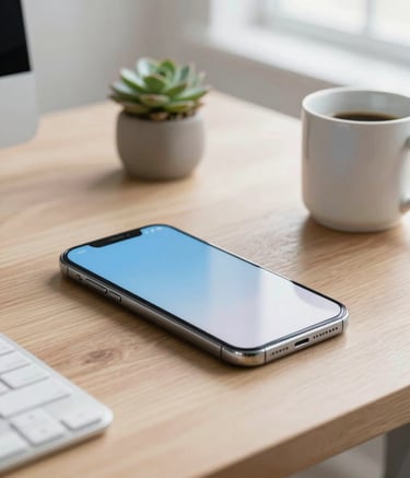 A high-quality lifestyle photograph of a sleek smartphone on a wooden desk in a bright, modern North American home office. The screen shows a glimpse of a clean interface. Surrounding the phone are a small succulent and a ceramic mug, with soft light blue and off-white tones creating a serene atmosphere.
