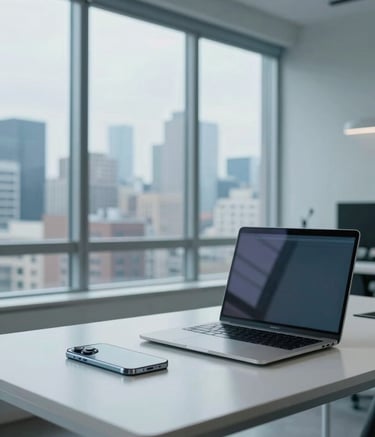 A wide photography shot of a modern home office in a North American apartment. Large windows reveal a subtle city skyline. A clean white desk holds a high-end smartphone and a minimalist laptop, reflecting a professional yet inviting workspace. Soft blue and light grey tones dominate the palette.