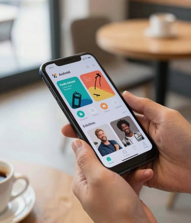 A close-up photograph of hands holding a sleek Android smartphone in a bright, modern North American coffee shop. The screen displays a colorful, professional mobile application. Soft natural morning light illuminates the scene with a shallow depth of field, showing a blurred wooden table in the background.