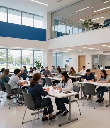 A wide-angle professional photograph of a bright, contemporary North American medical education center. A diverse group of adults is engaged in a workshop, with clear blue and white design elements in the background.