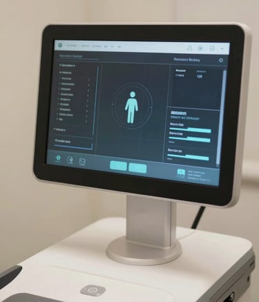 A focused close-up of a Resonance body scanner interface showing clean, sophisticated digital health data. The lighting is soft and professional, incorporating a palette of #0B2D2F and #C8B18A tones to convey cutting-edge trust.
