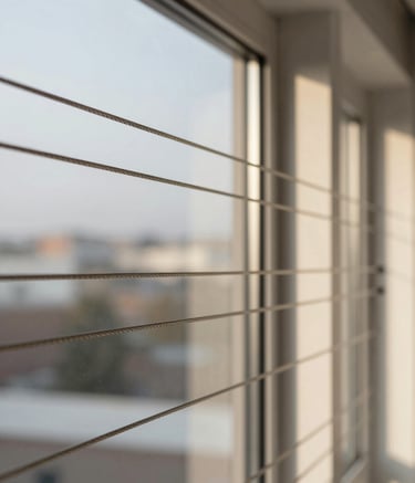 A close-up, high-detail shot of a newly installed invisible grill on a large window. The stainless steel cables are perfectly taut and reflect the soft afternoon sunlight. The design is sleek and modern, emphasizing security and professionalism. Subtle hints of #79A78B are visible in the interior decor through the window.