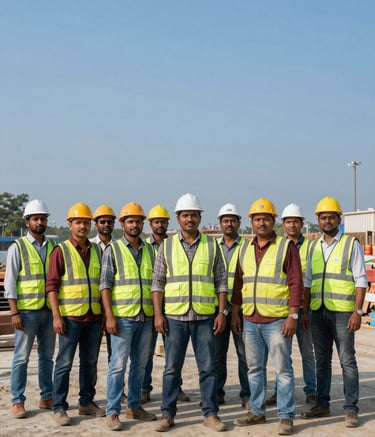A wide-angle photography shot of a group of workers at a modern South Asian / Indian infrastructure site. They are wearing professional safety equipment, standing together in a way that suggests solidarity and strength. The sky is a clear steel blue, emphasizing a professional and hopeful atmosphere.