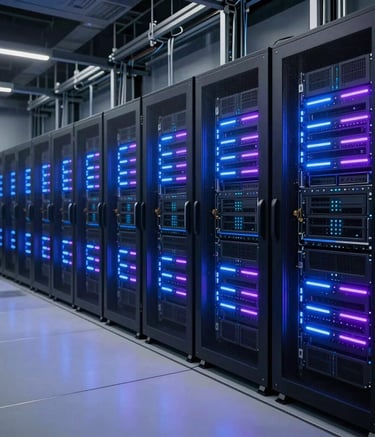 A wide-angle professional photograph of a futuristic server room with rows of data towers glowing with neon blue and purple lights. The setting is a cutting-edge North American tech facility, emphasizing a sleek, dark, and highly advanced infrastructure.