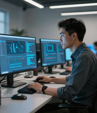 A professional software developer in a sleek North American office, illuminated by the neon blue glow of their workstation screen. The setting is modern and minimalist, reflecting a cutting-edge tech environment.