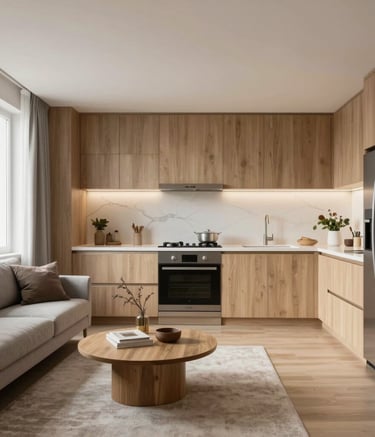 Living room transformation with soft green walls and warm wooden flooring.
