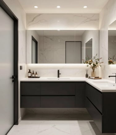 Bright and cozy bathroom remodel featuring beige tiles and natural wood elements.