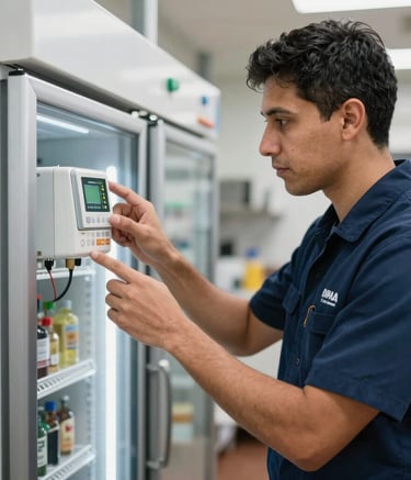 A professional South American technician wearing a navy blue uniform, focused on inspecting the digital thermostat of a commercial refrigerator in a bright, industrial kitchen setting.