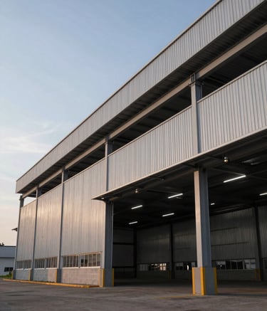 Wide-angle architectural photography of a massive, modern industrial warehouse in Latin America. The building features clean lines, steel structures, and a clear sky background. The scene conveys strength and efficiency, with professional lighting highlighting the textures of the industrial materials.