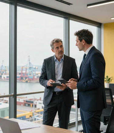 A professional corporate setting in a modern Iberian office. Two logistical experts in business attire are discussing strategy near a large window overlooking an industrial port. The lighting is clean and bright, emphasizing a modern and robust atmosphere with subtle yellow and black accents in the decor.