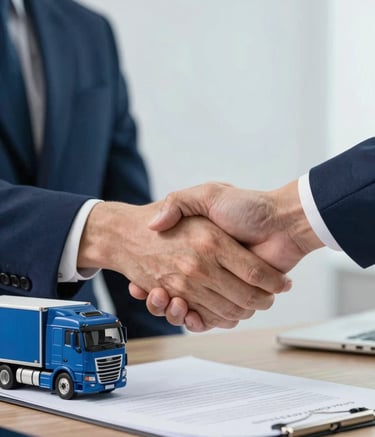 A close-up, high-quality image of a handshake over a professional contract on a desk. Beside it sits a model semi-truck. The scene projects trust and authority. The colors include deep blues like #0A1D37 and soft light from #F0F4F8.