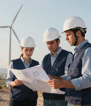 Professional engineering team wearing white safety helmets and dark blue vests, standing in front of a modern wind turbine site in a Turkish landscape. They are reviewing technical plans, looking confident and professional in soft morning light.