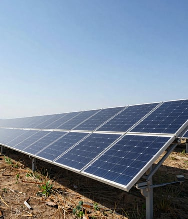 A vast field of modern solar panels reflecting a clear blue sky in the Turkish countryside. The composition shows the scale of the renewable energy project under bright, natural daylight with a professional, sharp focus.