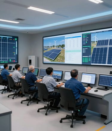 A high-tech control room in an energy facility in Turkey, where engineers are monitoring solar and wind energy output on large displays. The lighting is modern with soft blue accents, emphasizing efficiency and innovation.