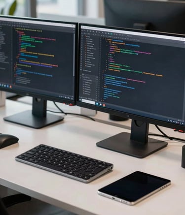 A professional developer's workspace in a North American / US tech hub. Two high-resolution monitors displaying clean, sophisticated code lines. A minimalist desk with a metallic tablet on the side under soft, natural lighting, conveying a sense of reliability and precision.