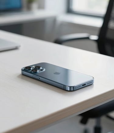 Photography of a sleek, modern smartphone resting on a minimalist white oak desk in a bright, modern North American / US office environment. Natural light creates a clean, performance-driven atmosphere with soft blue accents in the background.