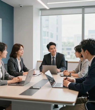 A professional North American office setting where a team is collaborating at a modern conference table. The room is filled with bright natural light, featuring clean lines and subtle navy accents in the decor. High-end business photography style.
