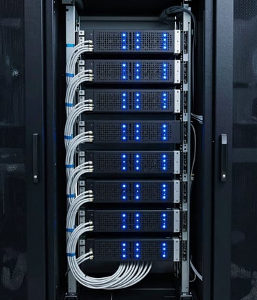 A high-end server room in a US-based data center, showcasing clean cable management and glowing blue light indicators on server racks. The composition is symmetrical and emphasizes technological reliability and efficiency.