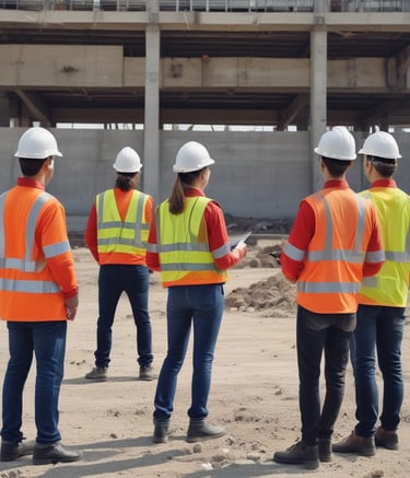 Team members discussing a construction site with hard hats and tablets.
