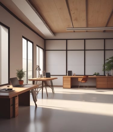 Interior view of a spacious loft with exposed brick and large windows.