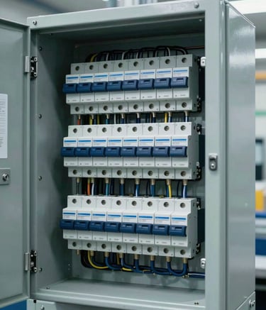 A professional commercial electrical breaker panel in a clean, modern North American / US industrial facility, showing neatly organized wiring in Steel Blue and Medium Navy tones, professional lighting.