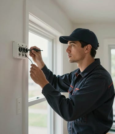 An electrician wearing a Dark Navy uniform working on a residential light fixture in a modern North American / US home, soft daylight coming through a window, clean and professional atmosphere.
