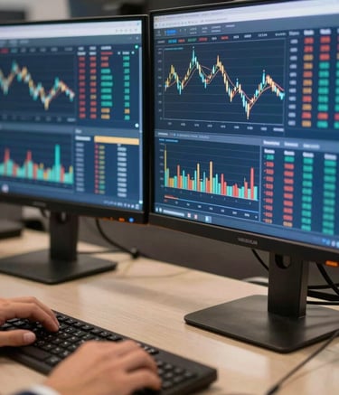 A close-up photograph of a professional workstation featuring high-resolution monitors displaying complex market data. The lighting is crisp and modern, reflecting off sleek metallic surfaces. International Financial Market / Professional setting with a color palette of deep blue and polished gold.