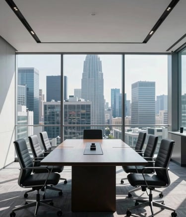 A wide-angle professional photograph of a sunlit, modern boardroom overlooking a global financial hub. The composition is clean and symmetrical, featuring minimalist furniture. International Financial Market / Professional atmosphere with subtle medium blue and light blue tones.