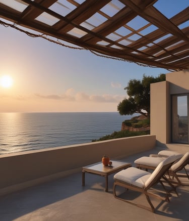 a patio with lounge chairs and a view of the ocean