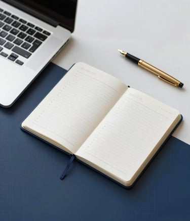 A top-down professional desk view featuring a laptop, an organized planner, and a gold fountain pen. The background features subtle Arabic geometric patterns in light grey and navy tones, representing academic discipline and success.