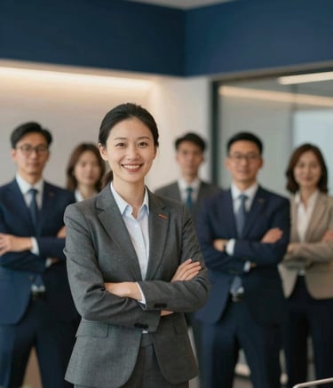 A group of professional academic experts in a modern, sophisticated office setting. The scene features a clean aesthetic with navy blue architectural elements and warm lighting, conveying confidence, expertise, and a premium atmosphere.