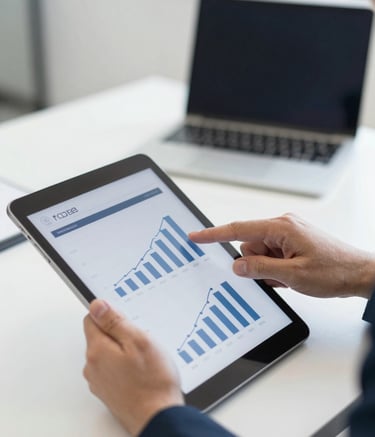 A close-up of a business professional's hands using a tablet to review a managerial growth chart. The lighting is clean and professional, with a color palette emphasizing #1C2D3B and #F6F8FA. The setting is a modern, high-end office environment.