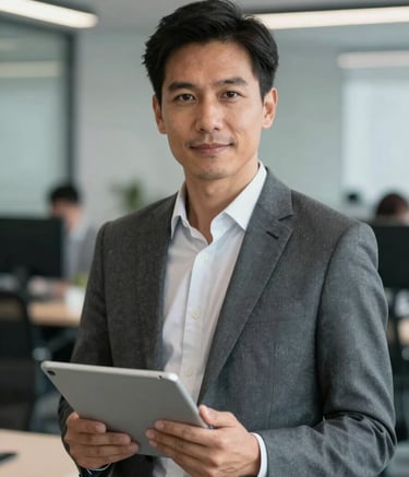 A portrait of a confident professional in a business suit inside a modern South American office setting. The person is holding a tablet with a neutral, professional expression. The background is a blurred tech workspace with soft gray and medium blue highlights.
