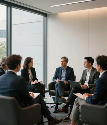 A group of professional strategists collaborating in a sleek North American / US conference room with glass walls. Soft natural light illuminates pearl-colored walls and charcoal-toned furniture, creating a sophisticated and innovative atmosphere.