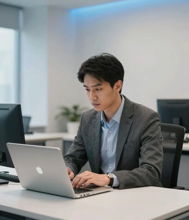 A professional in a modern North American / US corporate office, working diligently on a high-end laptop at a minimalist desk. The scene features soft blue lighting accents and pearl-colored walls, conveying a clean and focused mood.