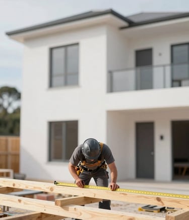 A wide, clean shot of a modern residential construction site in Melbourne. A carpenter in professional workwear is precisely measuring high-quality timber for an extension. The aesthetic is clean and modern, with bright natural lighting and a color scheme of #FFFFFF, #E8E8E8, and #222222.