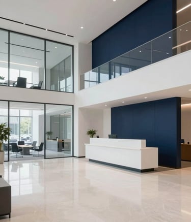 A wide-angle interior shot of a modern, minimalist corporate office lobby in Ohio. Features clean glass partitions, polished stone floors, and a professional reception area. The color scheme is dominated by #0A1F2F navy and #F7F9FC off-white tones.