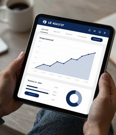 A close-up photograph of a professional's hands holding a tablet displaying a clean financial dashboard with growth metrics. The lighting is soft and professional, featuring a palette of navy #0A1F2F and soft gray #B2C2D1. The style is modern, trustworthy, and high-quality.