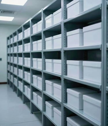 A high-security document storage facility with rows of organized steel shelving in a professional environment. The lighting is crisp and efficient, dominated by muted steel blue and cool frosted white tones, conveying a sense of absolute protection and expert management.